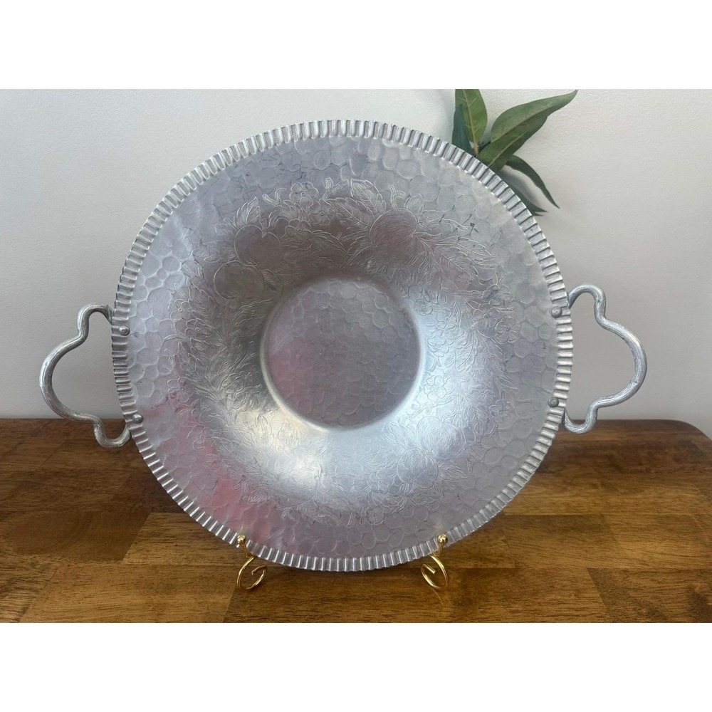 Vintage Hammered Aluminum Serving Tray Bowl Fruit Motif Handles MCM Farmhouse